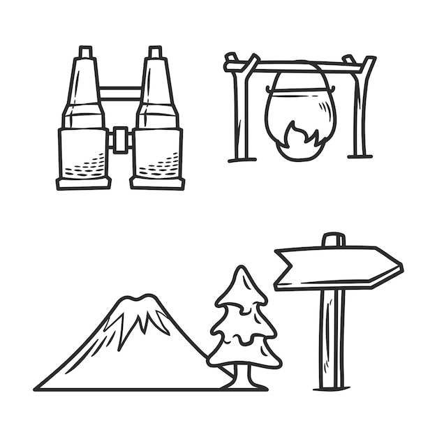 Vecteur camping vector line art doodle icône dessin animé ensemble d'objets et de symboles