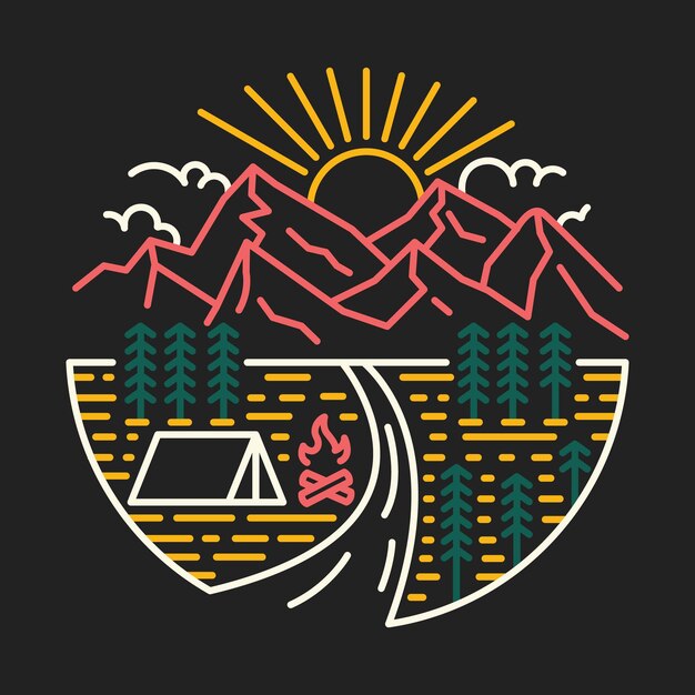 Camping Avec Vue Sur La Beauté De La Nature Avec Le Lever Du Soleil Et Les Montagnes Illustration Graphique Vector Art Tshirt Design