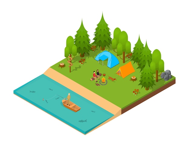 Camping Vue Isométrique Paysage Avec Tente De Couple Aimant Et Feu De Joie Tourisme D'été En Plein Air Illustration Vectorielle