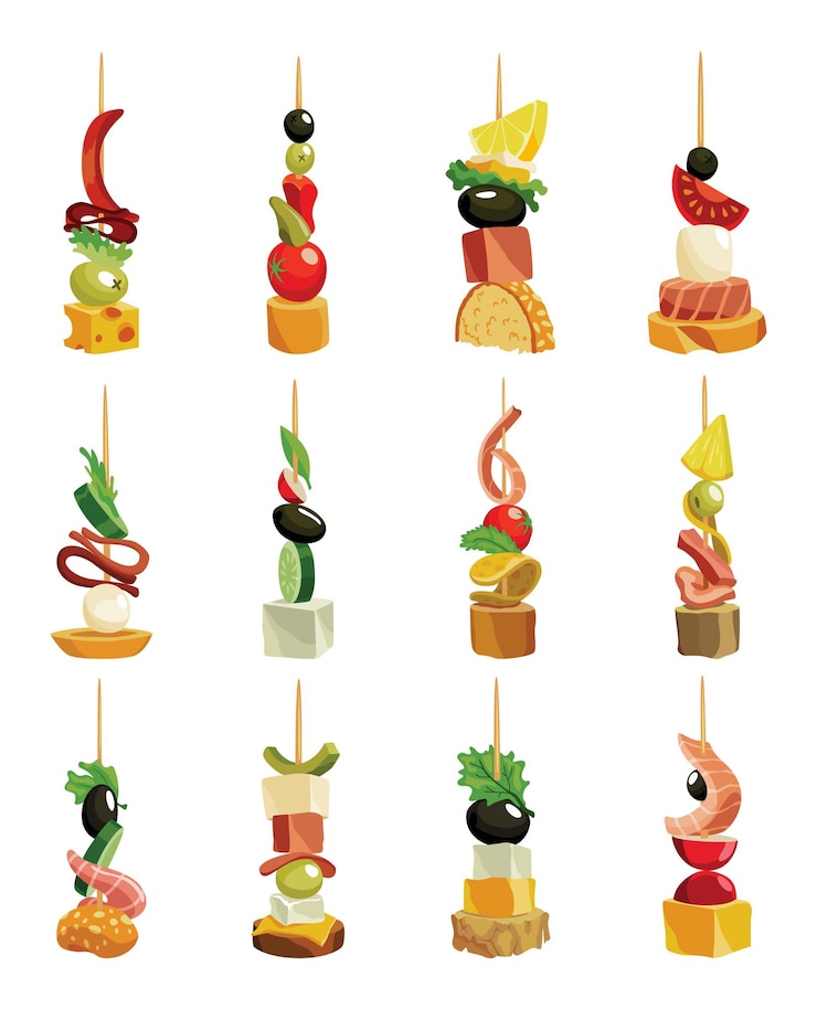 Vecteur canape d'apéritif avec différentes garnitures diverses collations pour les plats froids de fête sur des bâtons en bois canapés pour jeu d'icônes de buffet isolé sur fond blanc sandwichs pour table gastronomique