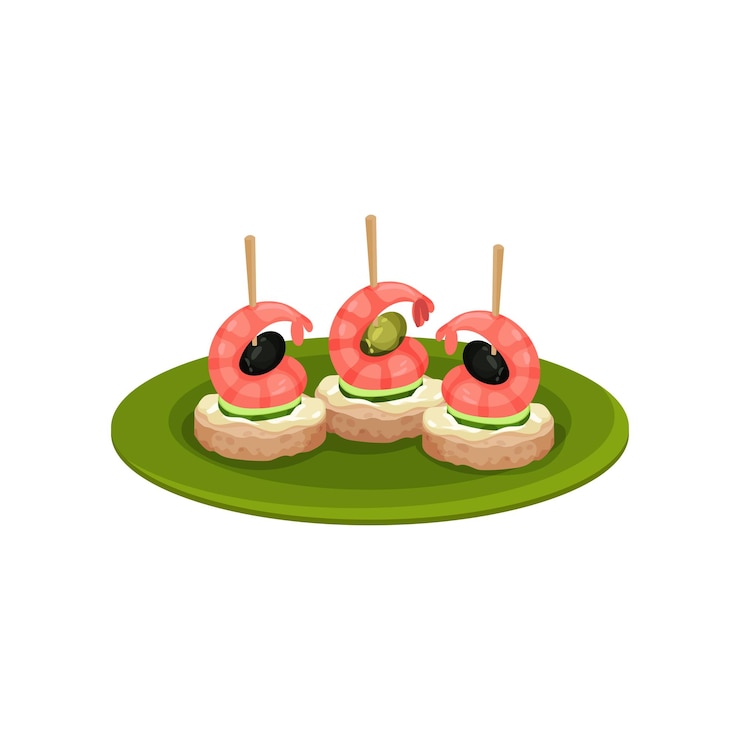 Vecteur canapé avec des crevettes, des olives noires, des tranches de concombre et du pain, des collations appétissantes pour un banquet, un élément graphique pour le menu d'un café ou d'un restaurant, un design vectoriel plat coloré isolé sur fond blanc.