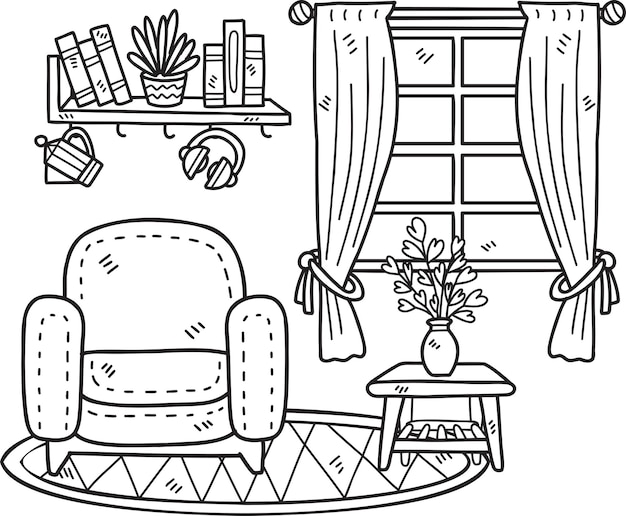 Vecteur canapé dessiné à la main et illustration de la pièce intérieure de la fenêtre