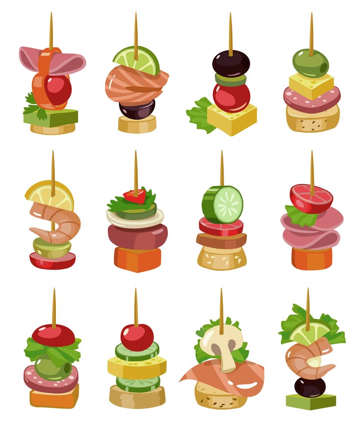 Vecteur canape d'illustration de vecteur de dessin animé apéritif. canape pour jeu d'icônes de buffet. illustration vectorielle nourriture froide. ensemble apéritif icône froide.