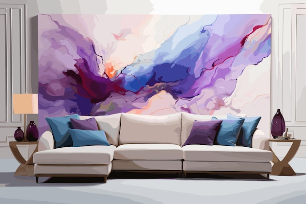 canapé violet dans un salon moderne l'image d'art sur le mur est un vecteur de ma composition et illustration