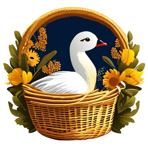 Vecteur canard dans un panier avec des tournesols