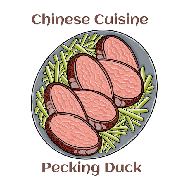 Canard de Pékin Le canard est mangé avec du concombre à l'oignon de printemps et de la sauce aux haricots sucrés avec des crêpes roulées autour des garnitures Cuisine chinoise Image vectorielle isolée