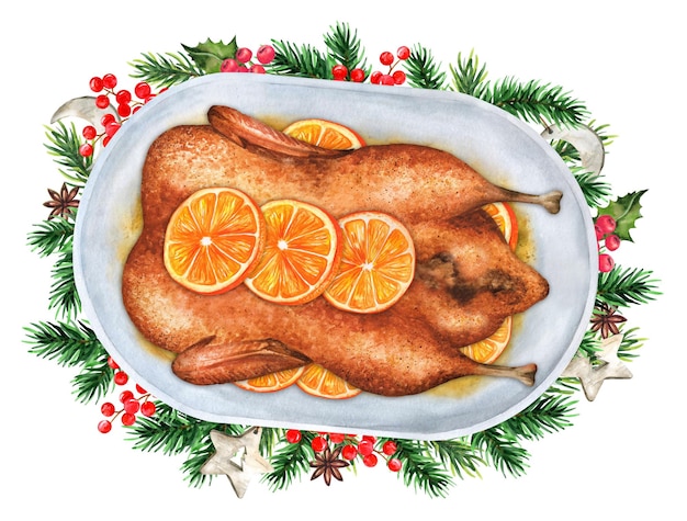 Canard De Pékin Rôti De Noël Aux Oranges Illustration Aquarelle