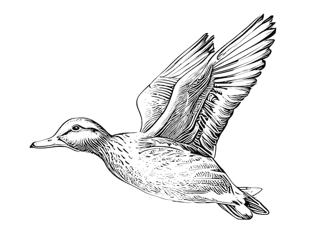 Canard volant illustration vectorielle de croquis dessinés à la main style gravure.