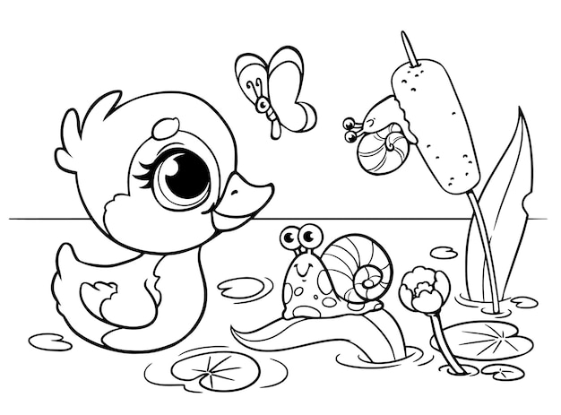 Vecteur le caneton nage dans l'étang vers les roseaux et l'escargot livre de coloriage pour enfants bébé mignon