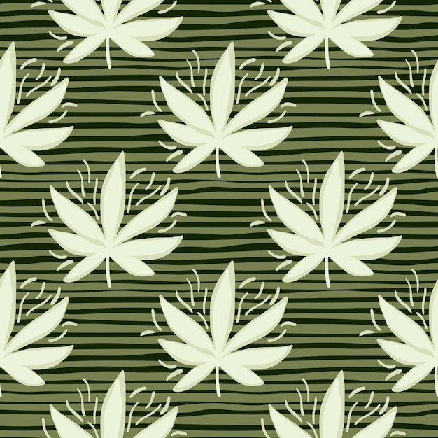 Le Cannabis Blanc Laisse Un Modèle Sans Couture. Fond Vert Dépouillé. Toile De Fond Décorative Pour Papier Peint, Papier D'emballage, Impression Textile, Tissu. Illustration.