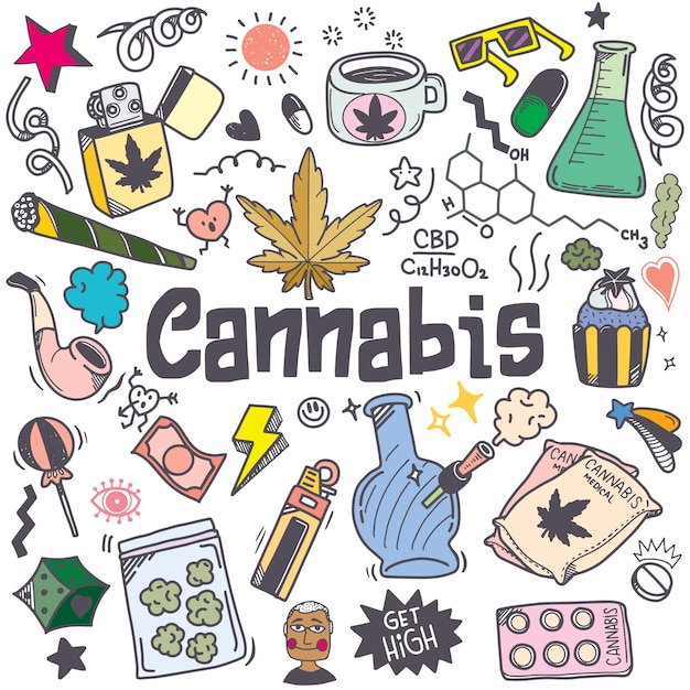 Cannabis Marihuana Icônes Traditionnelles Doodle Esquisse Conception Faite Main