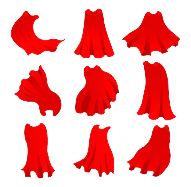 Vecteur cape de super-héros rouge dans différentes positions, vue avant, latérale et arrière sur fond blanc.