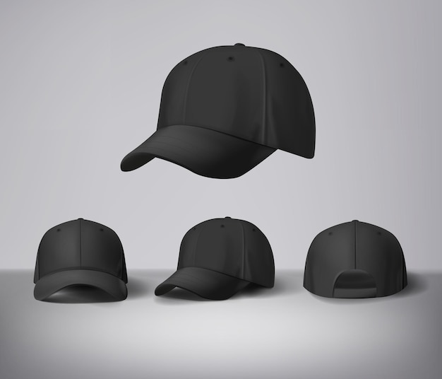 Capes de baseball noires mock-up avec logo en fond gris sur les côtés avant pour la marque et la publicité