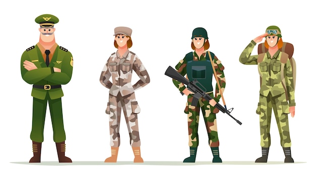 Vecteur capitaine de l'armée avec des femmes soldats dans divers jeux de caractères d'uniformes de camouflage