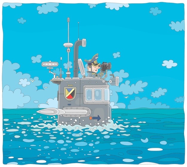 Capitaine de marine observant un horizon marin à travers des jumelles sur une cabine d'un bateau sous-marin émergé