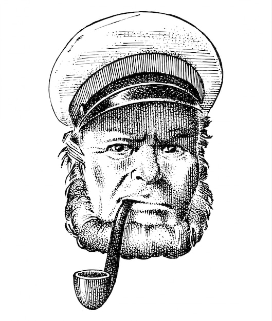 Capitaine De Mer, Vieux Marin Marin Avec Pipe Ou Blouson, Matelot Avec Barbe Ou Homme Marin. Voyager En Bateau Ou En Bateau. Gravé à La Main Dessiné Dans Le Vieux Croquis Boho.