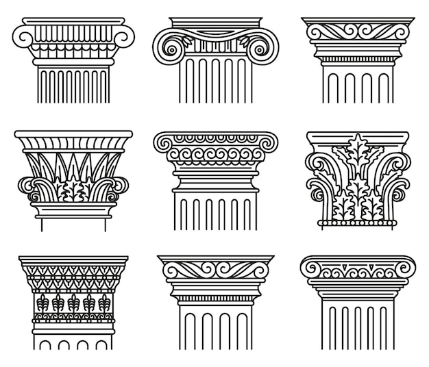 Capitales Grecques Antiques. Ordres Architecturaux, Ensemble D'illustrations De Capitales Antiques Ioniques Et Doriques