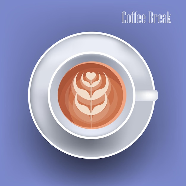 Vecteur cappuccino réaliste avec signe de coeur de fleur americano chaud boisson concept de pause-café
