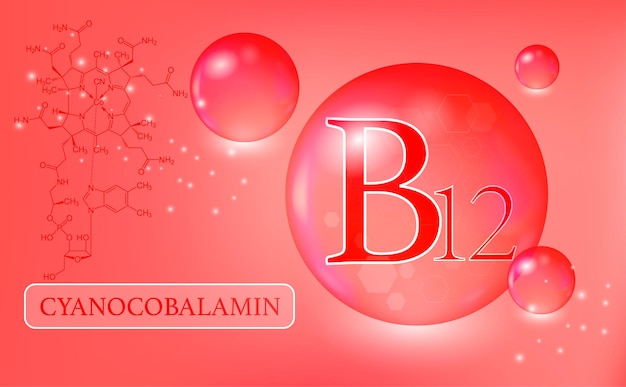 Capsule de gouttes d'eau de cyanocobalamine de vitamine B12 sur fond rose Complexe de vitamines avec formule chimique Affiche médicale d'information Illustration vectorielle