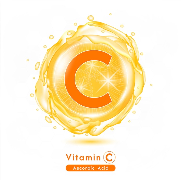 Vecteur capsule de pilule brillante orange vitamine c complexe de vitamines avec formule chimique