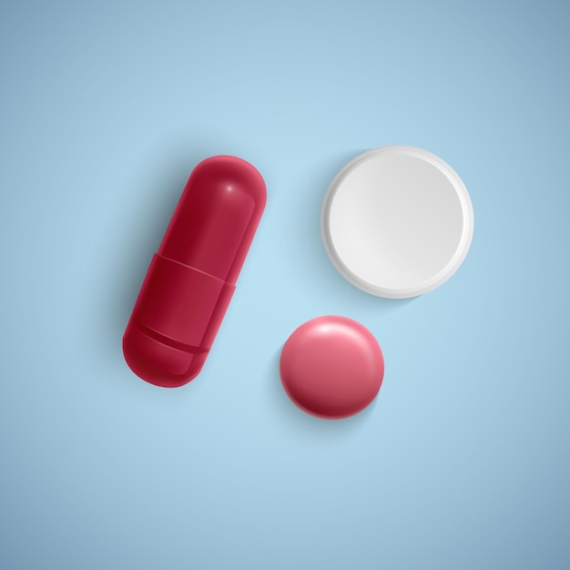 Vecteur capsule réaliste et une pilule sur un médicament, capsule rouge et comprimé blanc