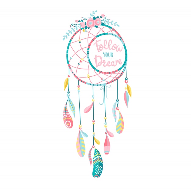 capteur de rêves ethnique avec des plumes et des fleurs. Style boho romantique dessiné à la main. Caractères. Suivez votre texte de rêve.