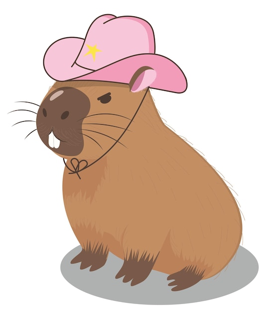 Vecteur un capybara drôle et en colère porte un chapeau de cow-boy rose sticker d'affiche de carte postale de style vectoriel plat de dessin animé