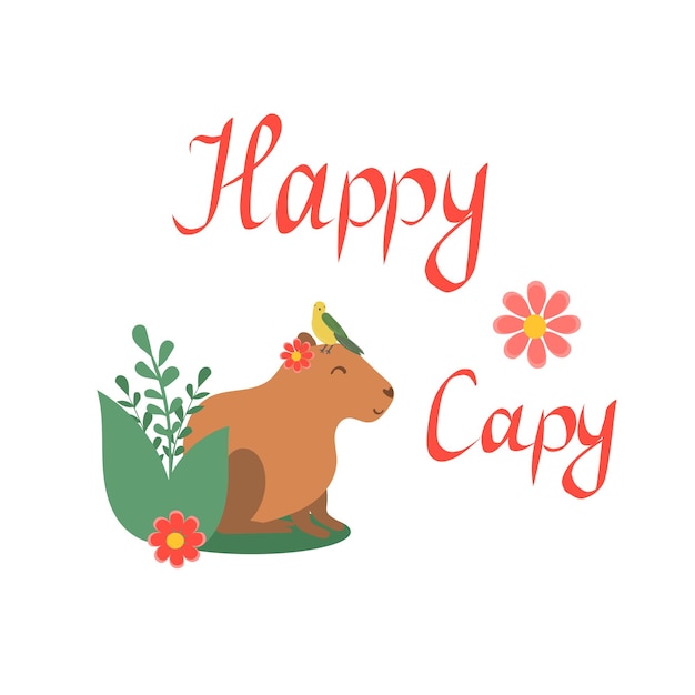 Vecteur capybara drôle et heureux avec une carte d'illustration de dessin animé d'oiseau avec des fleurs