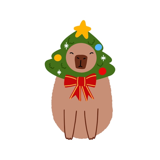 Vecteur capybara mignon avec arbre de noël dans une illustration vectorielle de style plat pour carte de vœux