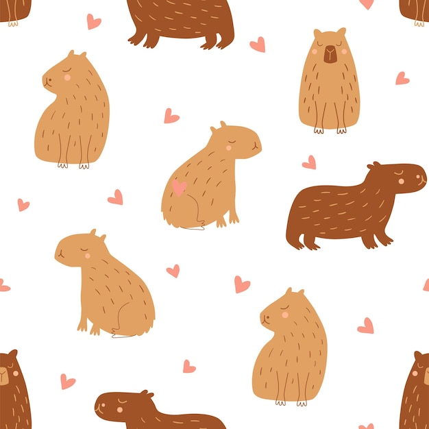 Vecteur capybara motif avec des cœurs roses vecteur mignon dessin animé capy animal imprimé pour les enfants beau papier peint