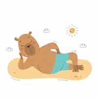 Vecteur capybara en train de prendre le soleil sur la plage allongé sur le sable personnage animal se détendant au bord de la mer