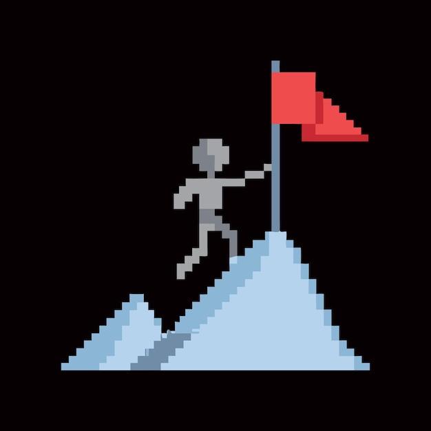 Caractère d'art pixel atteignant le sommet avec un drapeau