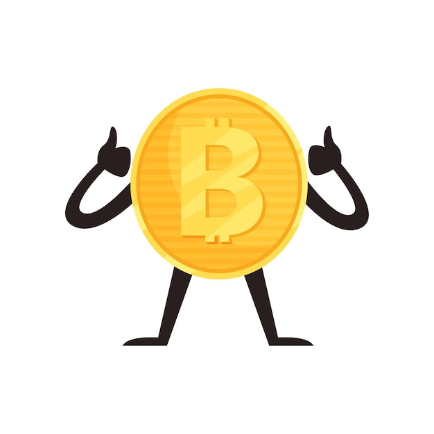 Caractère bitcoin brillant montrant les pouces vers le haut Monnaie crypto Concept d'argent et de finance numérique Conception graphique pour l'impression d'autocollants ou l'application mobile Icône vectorielle plate