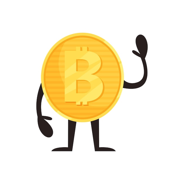Caractère bitcoin humanisé debout et agitant à la main Icône de pièce d'or brillante Concept d'argent et de finance de crypto-monnaie Conception de vecteur plat pour application mobile ou autocollant