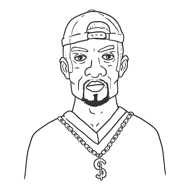 Caractère de contour vectoriel - homme afro-américain en tenue de hip-hop. Portrait de sous-cultures