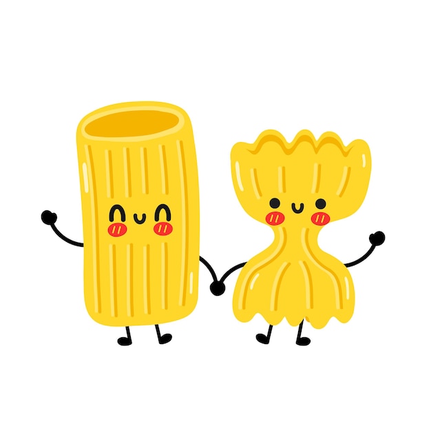 Caractère De Couple De Nouilles De Pâtes Macaroni Drôle Mignon. Icône D'illustration De Personnage Kawaii Cartoon Dessiné à La Main De Vecteur. Isolé Sur Fond Blanc. Concept Mignon De Mascotte De Dessin Animé De Pâtes De Nouilles Macaronis