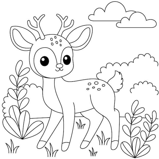 Caractère de dessin animé de cerf kawaii mignon dans la forêt arrière-plan page de coloriage illustration vectorielle