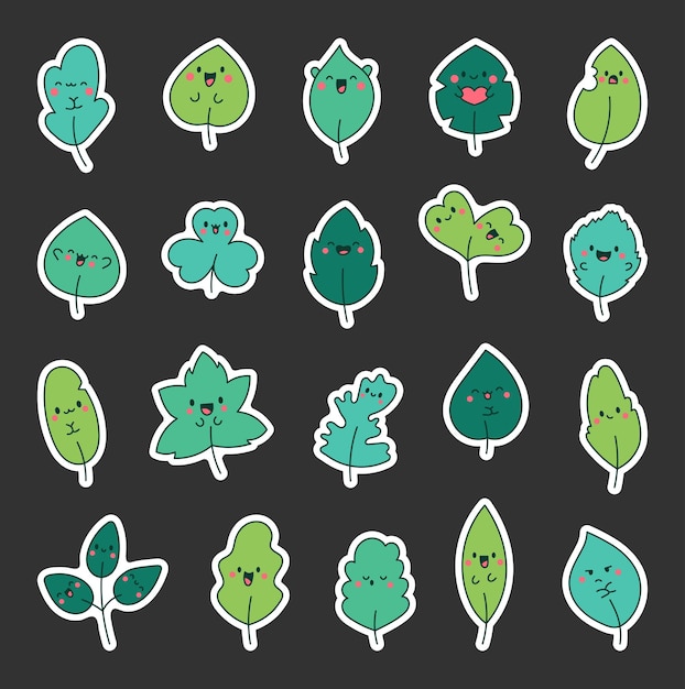 Vecteur caractère de dessin animé drôle de feuille de kawaii étiquette marque-pages plante naturelle mignonne style dessiné à la main