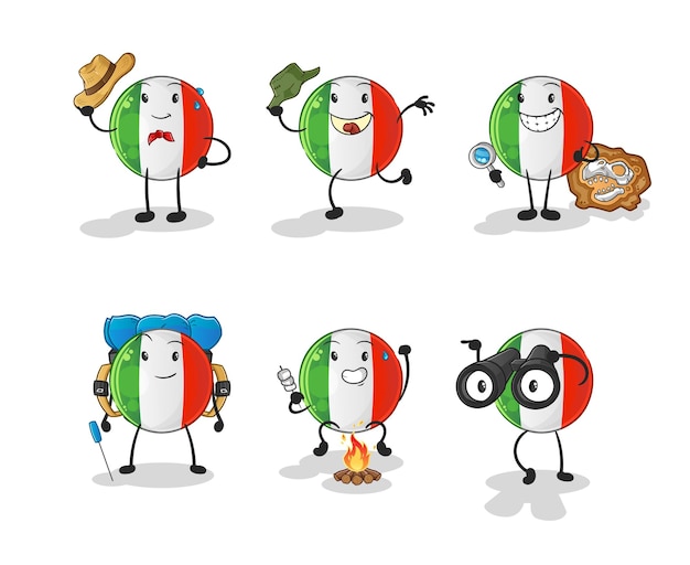 Caractère Du Groupe D'aventure Du Drapeau De L'italie. Vecteur De Mascotte De Dessin Animé