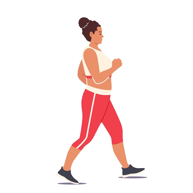 Caractère féminin gras dans les vêtements de sport Perte de poids Mode de vie sain Femme Minceur Marche ou Jogging Activité sportive Exercices de course Transformation du corps Dessin animé Personnes Illustration vectorielle