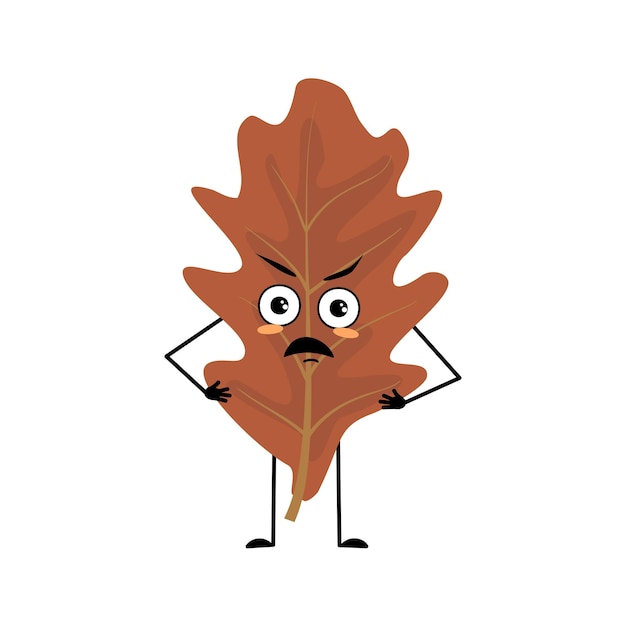 Caractère de feuille de chêne avec des émotions en colère visage grincheux yeux furieux bras et jambes Plante forestière en couleur marron d'automne Illustration vectorielle à plat