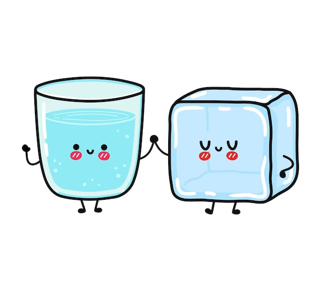 Caractère heureux drôle mignon de verre d'eau et de glace