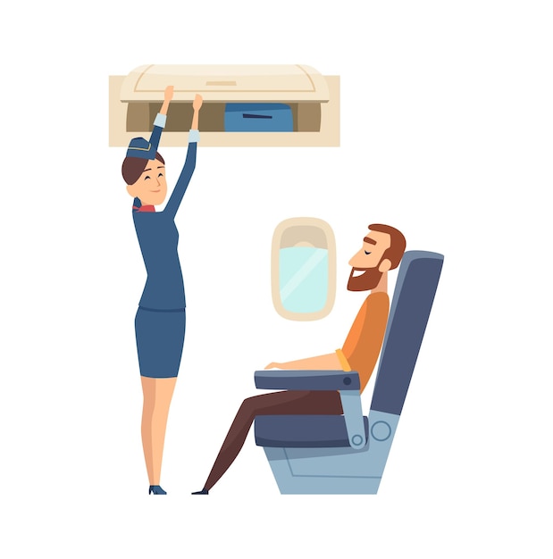 Vecteur caractère heureux d'hôtesse de l'air. passager dans l'avion assis sur une chaise à bord, femme du personnel avec illustration vectorielle de bagages. hôtesse de l'air de caractère dans l'avion de dessin animé et passager homme