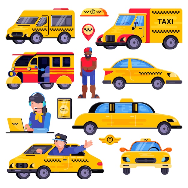 Vecteur caractère d'homme de conducteur de transport taxi vecteur vecteur dans le transport de voiture jaune