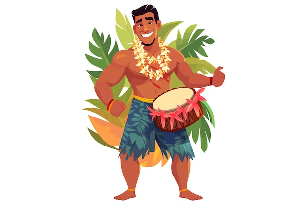 Vecteur caractère d'homme hawaïen avec lei garland sur son cou debout près du tambour illustrations vectorielles graphiques plates isolées sur fond blanc