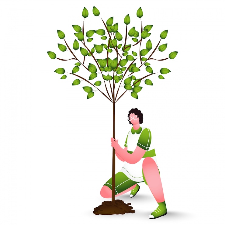 Vecteur caractère de l'homme planter un arbre sur blanc.