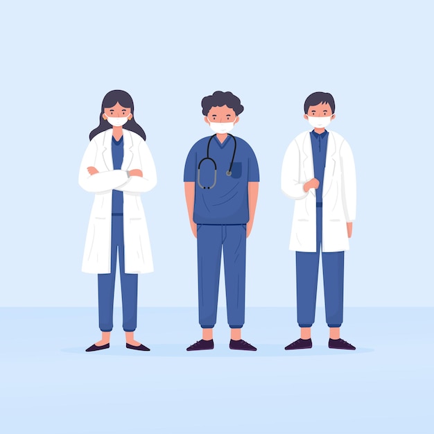Caractère d'illustration du médecin et de l'infirmière. agents de santé portant des masques. héros en première ligne