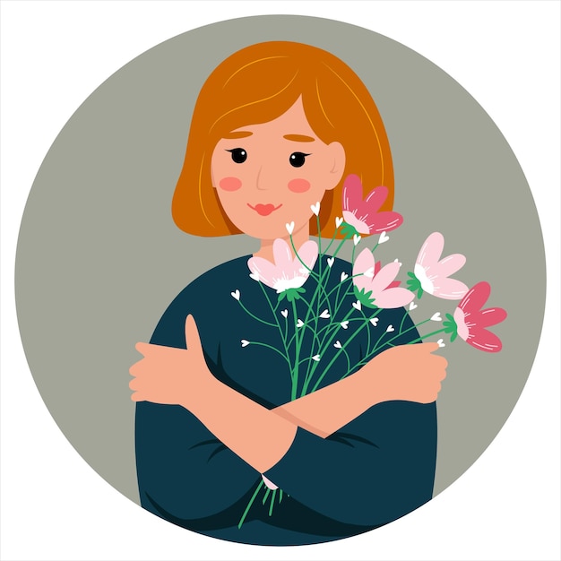 Caractère de la jeune femme avec des fleurs Illustration vectorielle dans un style plat