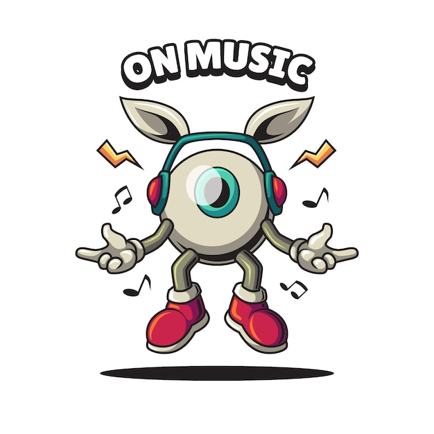 Vecteur caractère d'oeil écoutant le logo de mascotte de musique