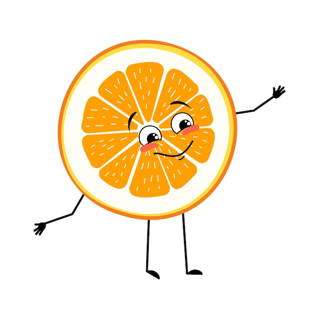 Vecteur caractère orange avec émotions heureuses, visage, sourire, yeux, bras et jambes. personne de tranche d'agrumes avec une expression joyeuse, émoticône de fruits